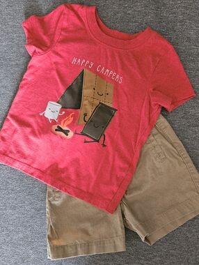 Cat & Jack Red 'Happy Campers' Tee and Tan Shorts Set